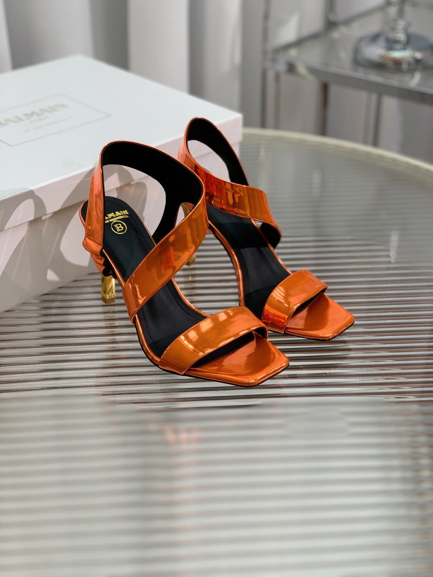 BALMAIN 25S HIGH HEEL SANDALS 95MM IN BURNT ORANGE GLOSSY CALFSKIN - 35