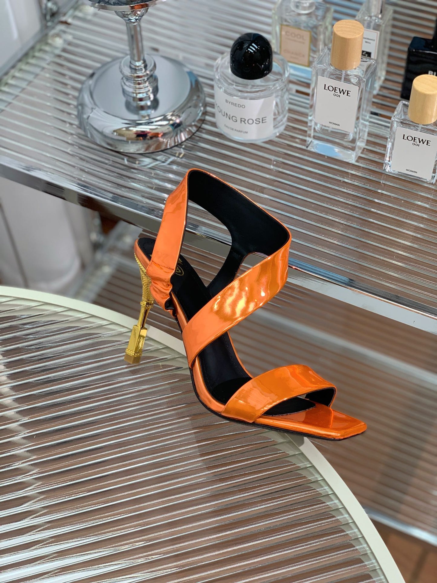BALMAIN 25S HIGH HEEL SANDALS 95MM IN BURNT ORANGE GLOSSY CALFSKIN - 35