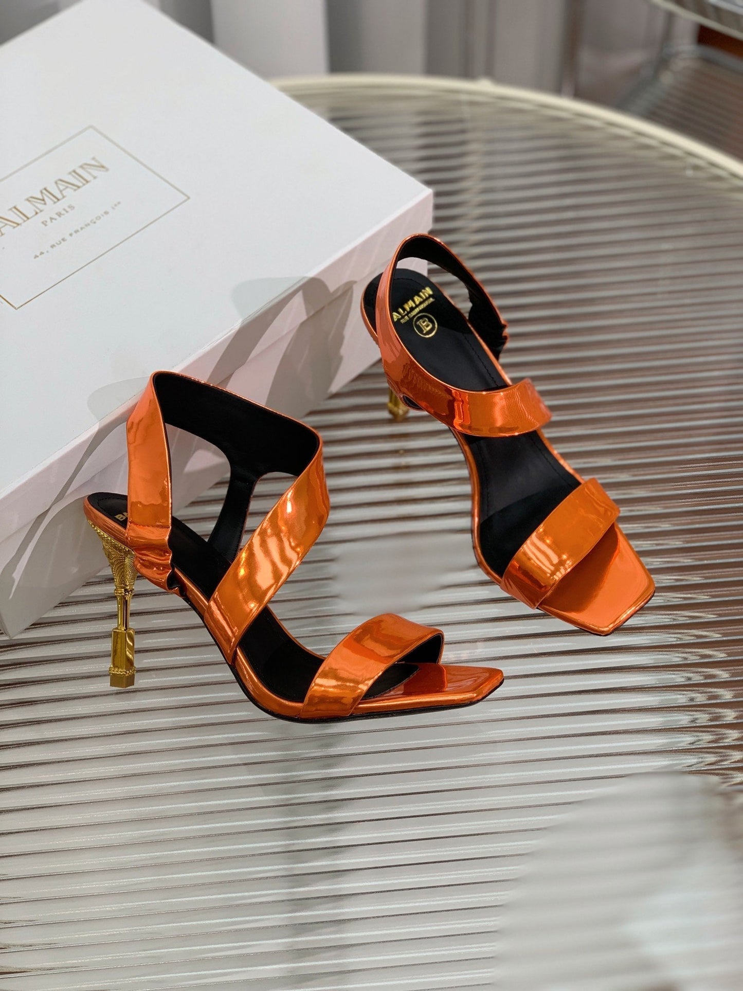 BALMAIN 25S HIGH HEEL SANDALS 95MM IN BURNT ORANGE GLOSSY CALFSKIN - 35