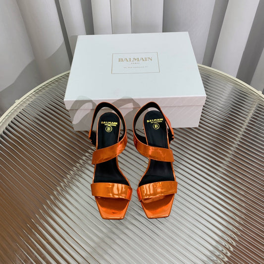 BALMAIN 25S HIGH HEEL SANDALS 95MM IN BURNT ORANGE GLOSSY CALFSKIN - 35