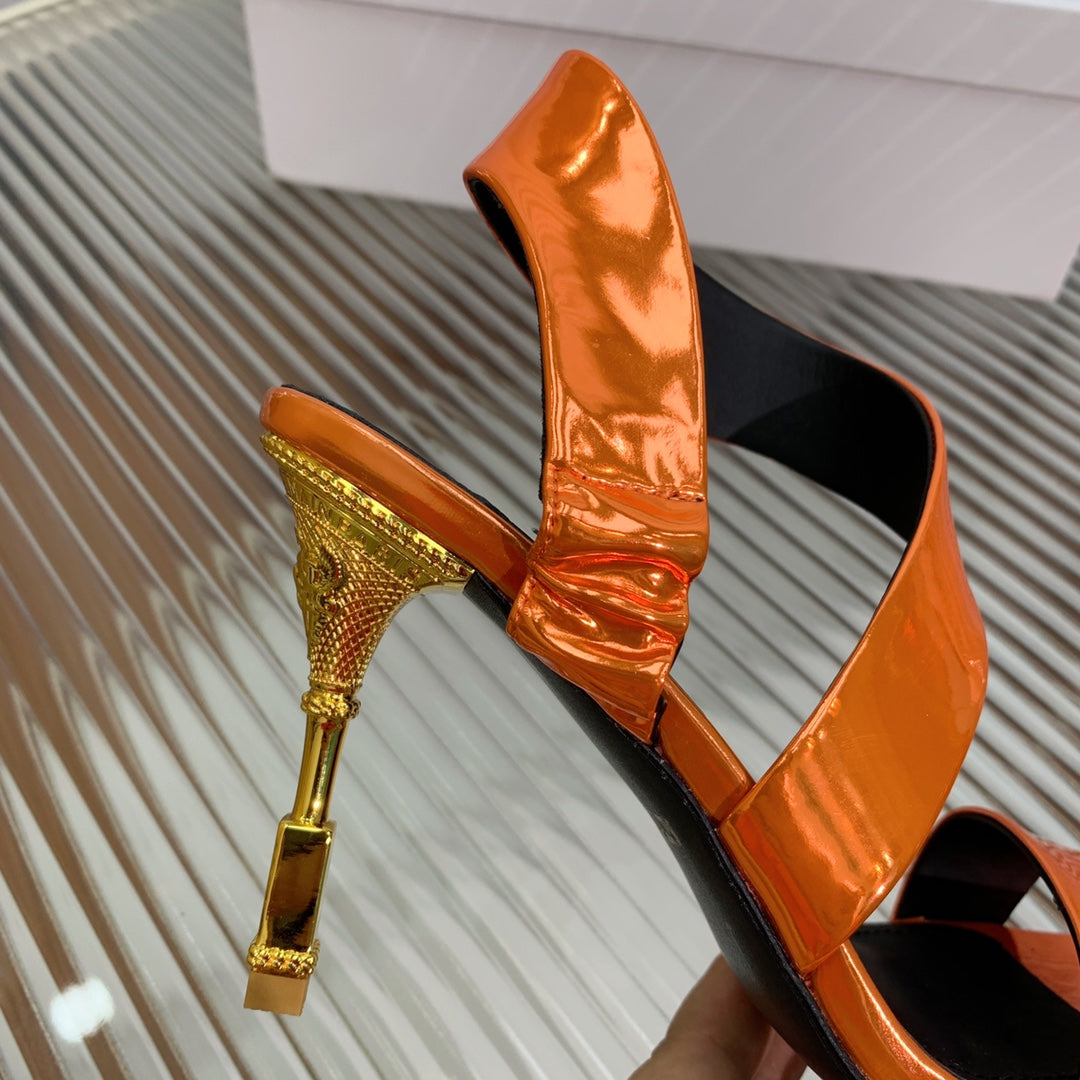 BALMAIN 25S HIGH HEEL SANDALS 95MM IN BURNT ORANGE GLOSSY CALFSKIN - 35