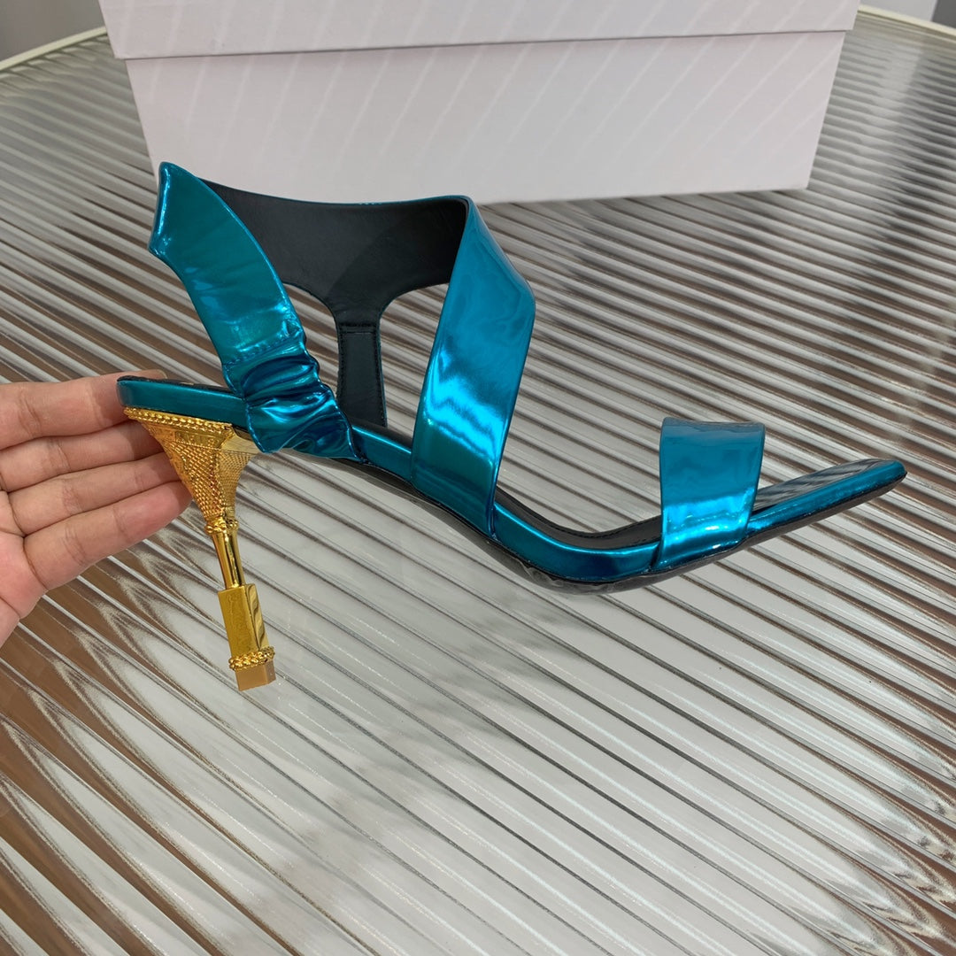 BALMAIN 25S HIGH HEEL SANDALS 95MM IN PETROL BLUE GLOSSY CALFSKIN - 35