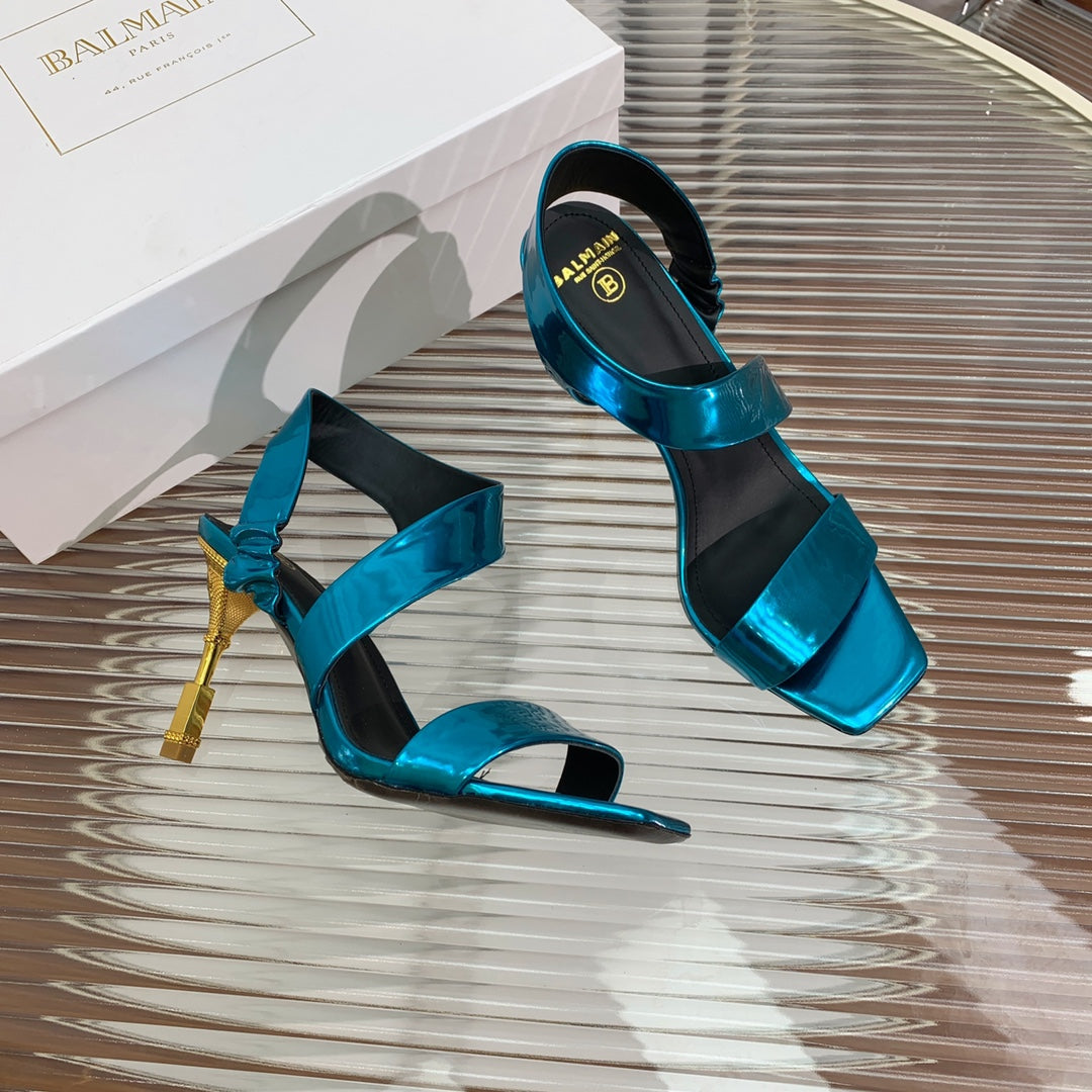 BALMAIN 25S HIGH HEEL SANDALS 95MM IN PETROL BLUE GLOSSY CALFSKIN - 35