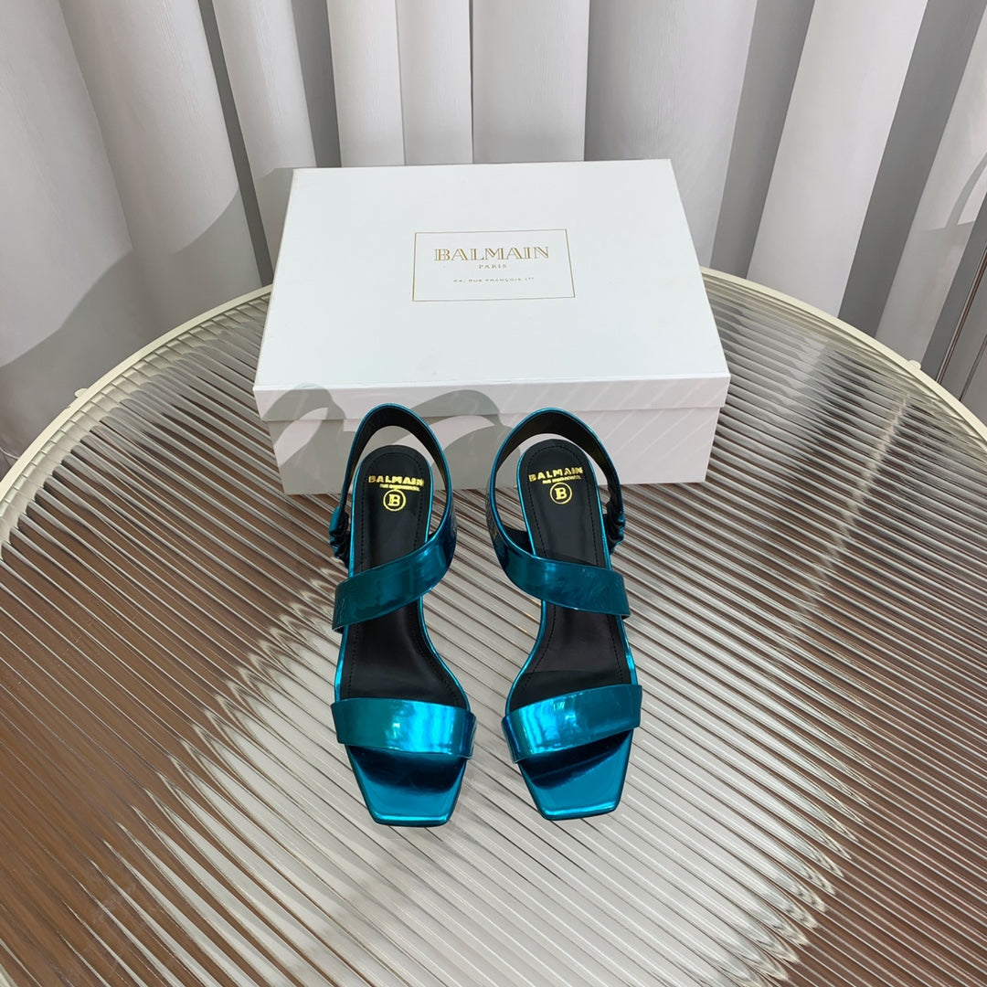 BALMAIN 25S HIGH HEEL SANDALS 95MM IN PETROL BLUE GLOSSY CALFSKIN - 35