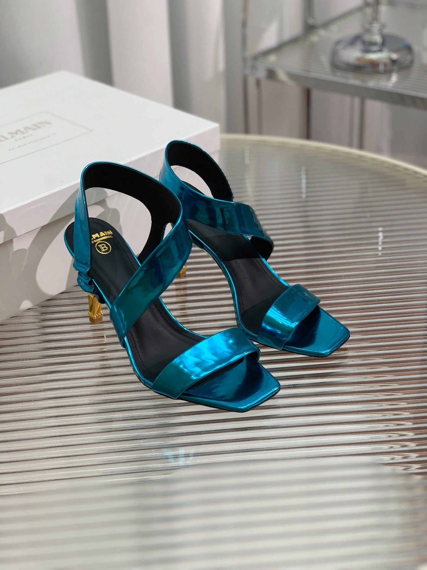 BALMAIN 25S HIGH HEEL SANDALS 95MM IN PETROL BLUE GLOSSY CALFSKIN - 35