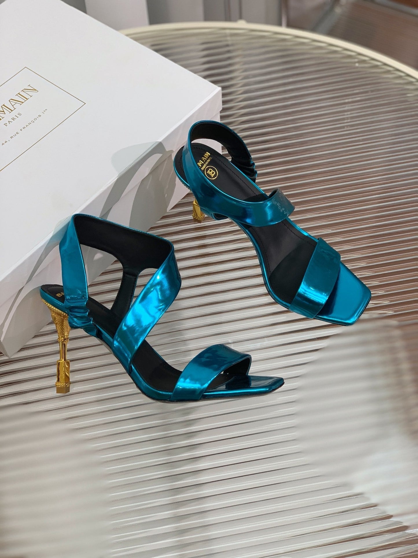 BALMAIN 25S HIGH HEEL SANDALS 95MM IN PETROL BLUE GLOSSY CALFSKIN - 35