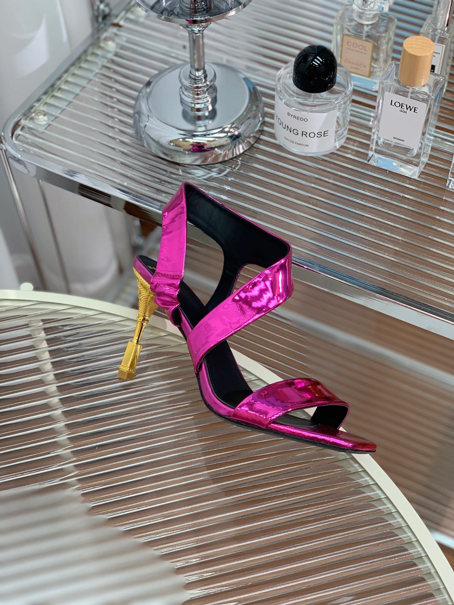 BALMAIN 25S HIGH HEEL SANDALS 95MM IN MAGENTA GLOSSY CALFSKIN - 35