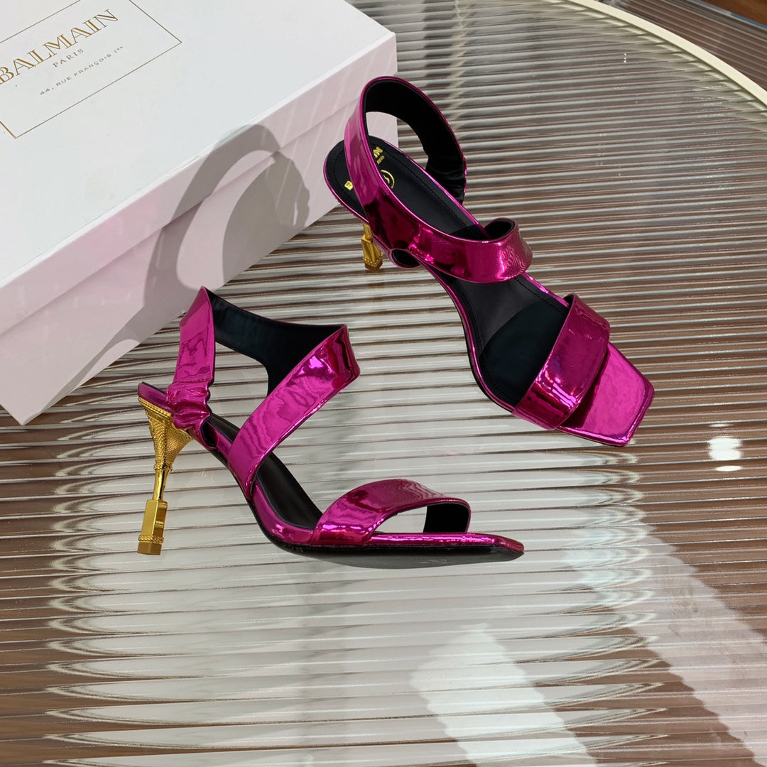BALMAIN 25S HIGH HEEL SANDALS 95MM IN MAGENTA GLOSSY CALFSKIN - 35
