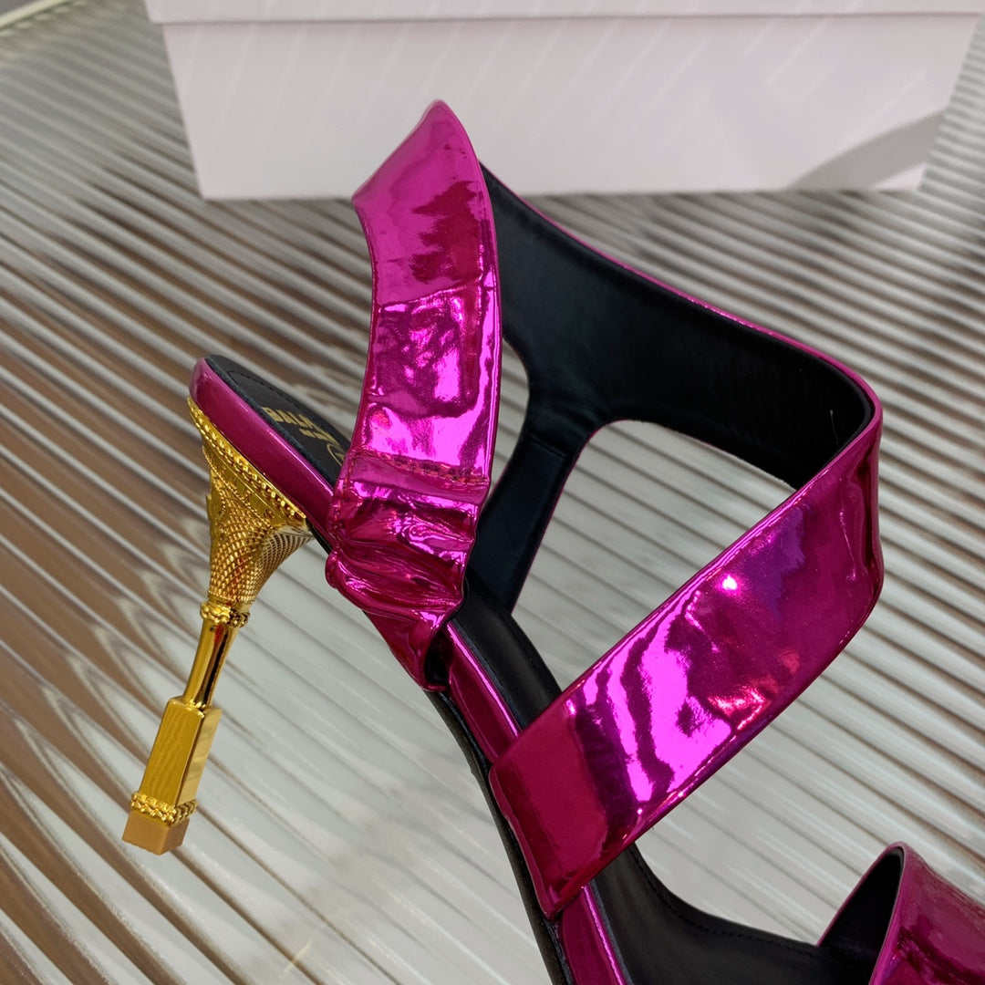 BALMAIN 25S HIGH HEEL SANDALS 95MM IN MAGENTA GLOSSY CALFSKIN - 35