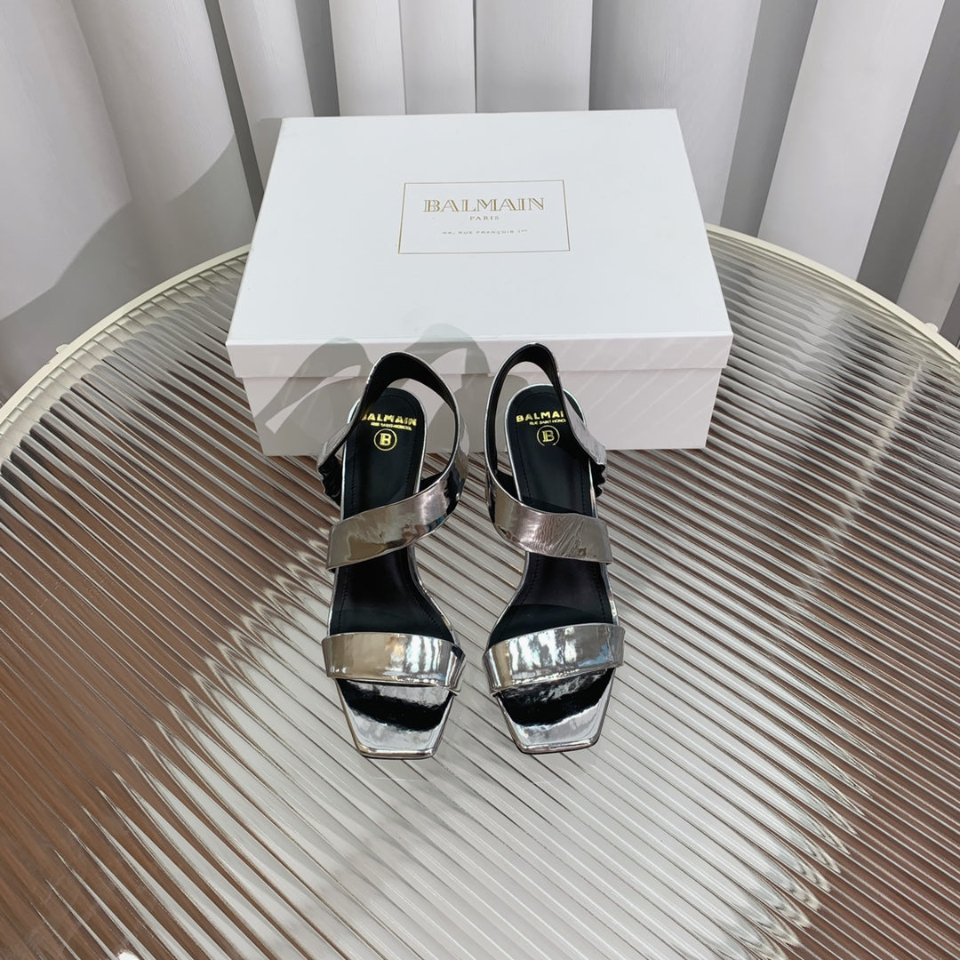BALMAIN 25S HIGH HEEL SANDALS 95MM IN SILVER GLOSSY CALFSKIN - 35