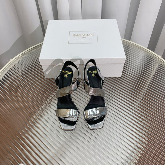 BALMAIN 25S HIGH HEEL SANDALS 95MM IN SILVER GLOSSY CALFSKIN - 35