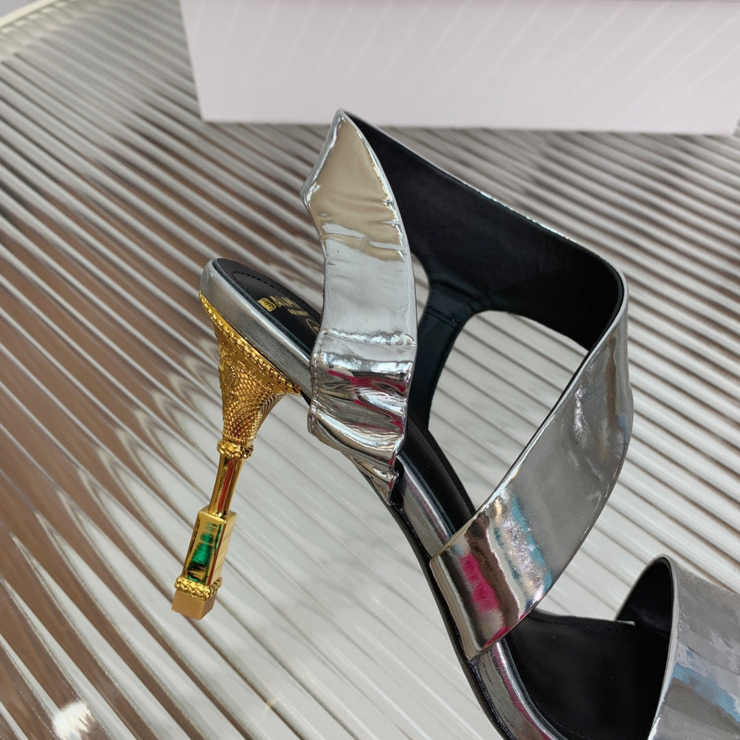 BALMAIN 25S HIGH HEEL SANDALS 95MM IN SILVER GLOSSY CALFSKIN - 35