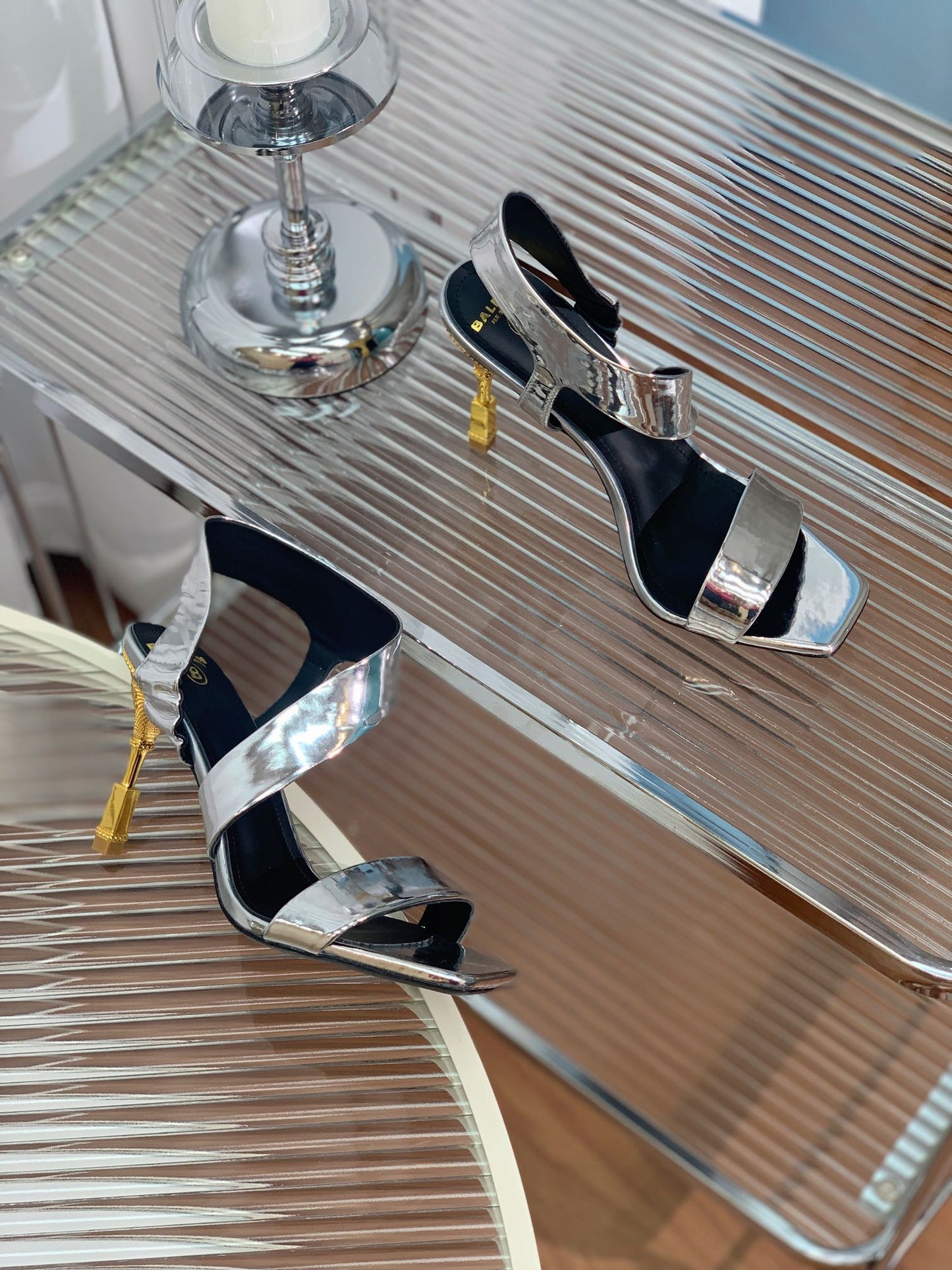 BALMAIN 25S HIGH HEEL SANDALS 95MM IN SILVER GLOSSY CALFSKIN - 35