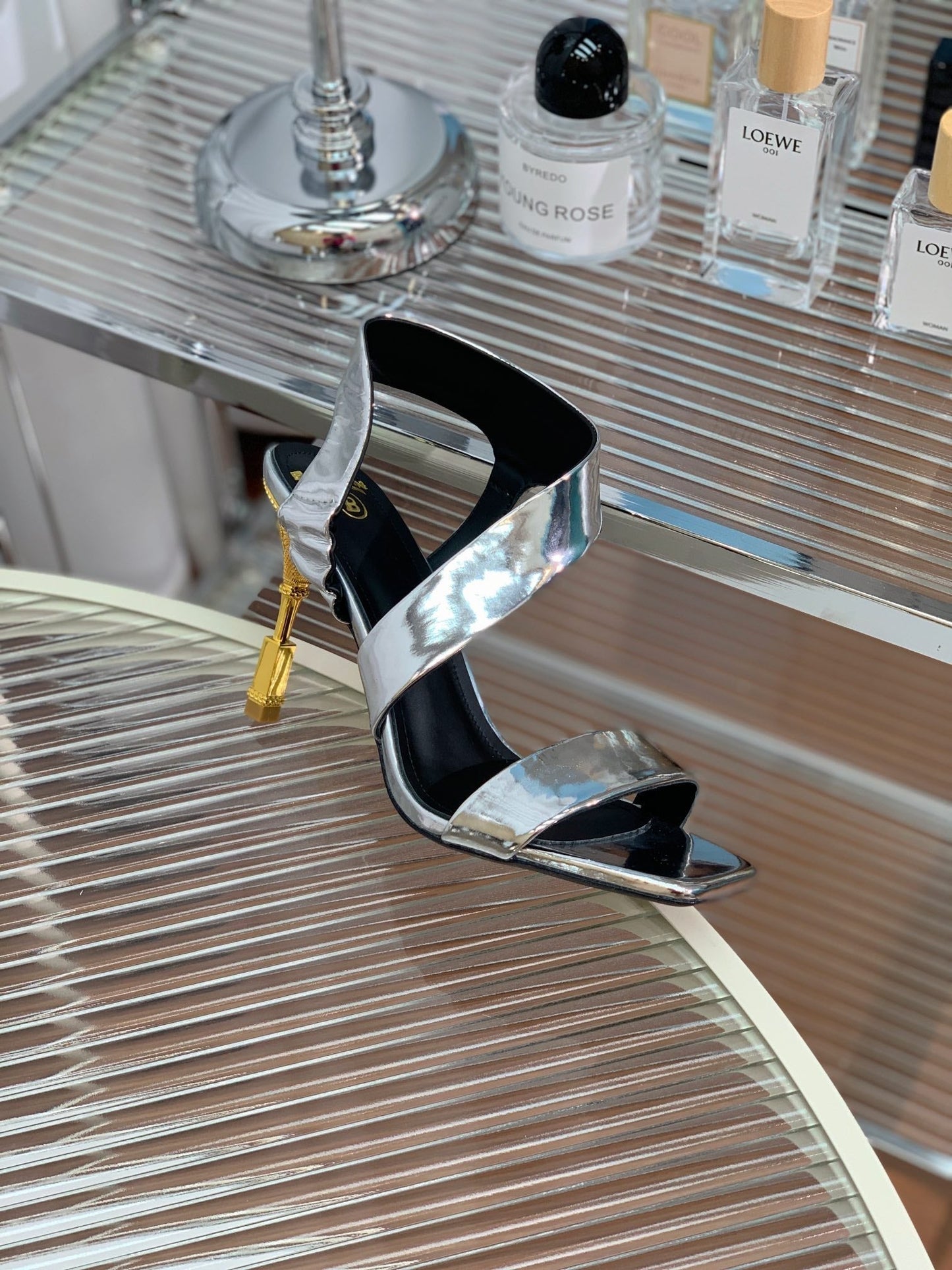BALMAIN 25S HIGH HEEL SANDALS 95MM IN SILVER GLOSSY CALFSKIN - 35