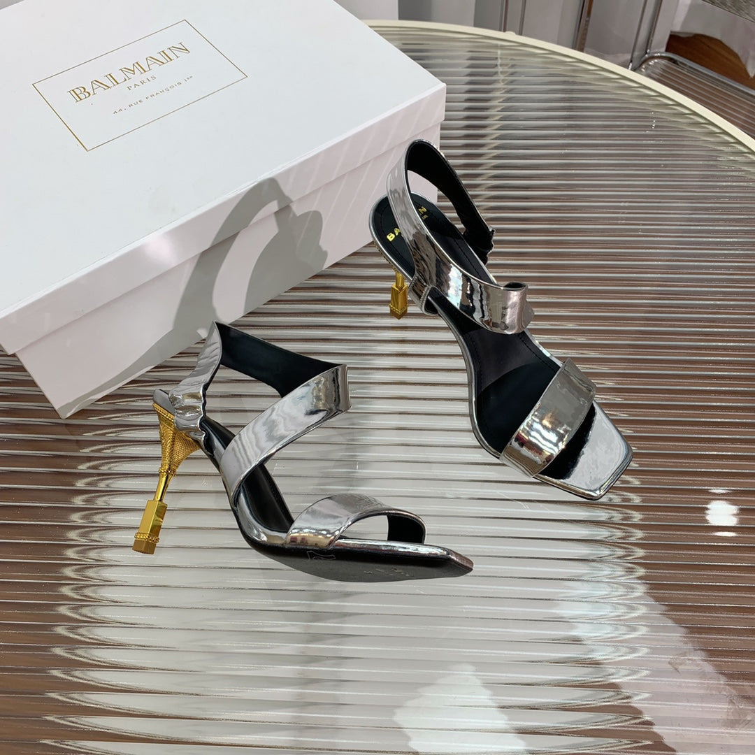 BALMAIN 25S HIGH HEEL SANDALS 95MM IN SILVER GLOSSY CALFSKIN - 35