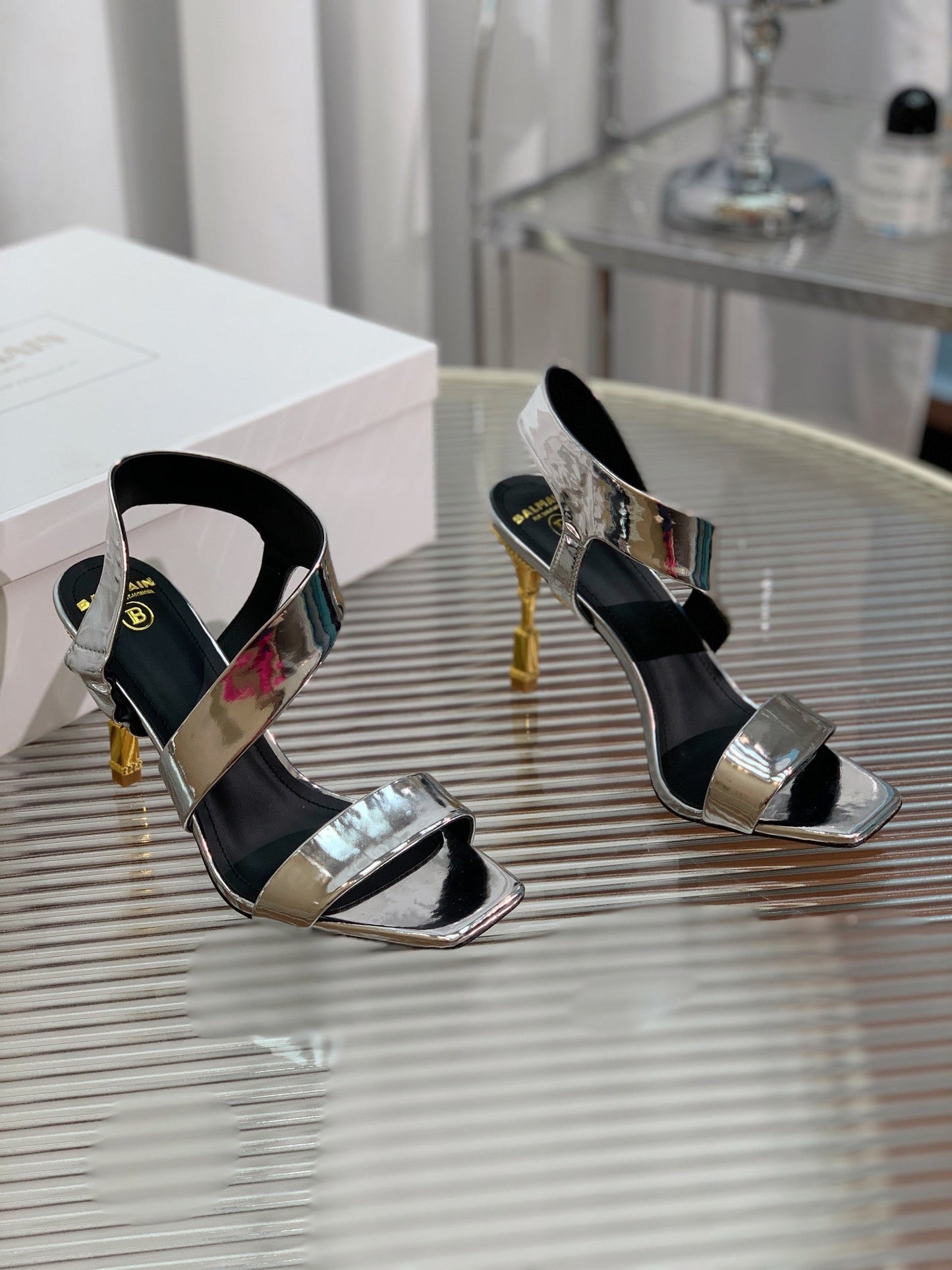 BALMAIN 25S HIGH HEEL SANDALS 95MM IN SILVER GLOSSY CALFSKIN - 35