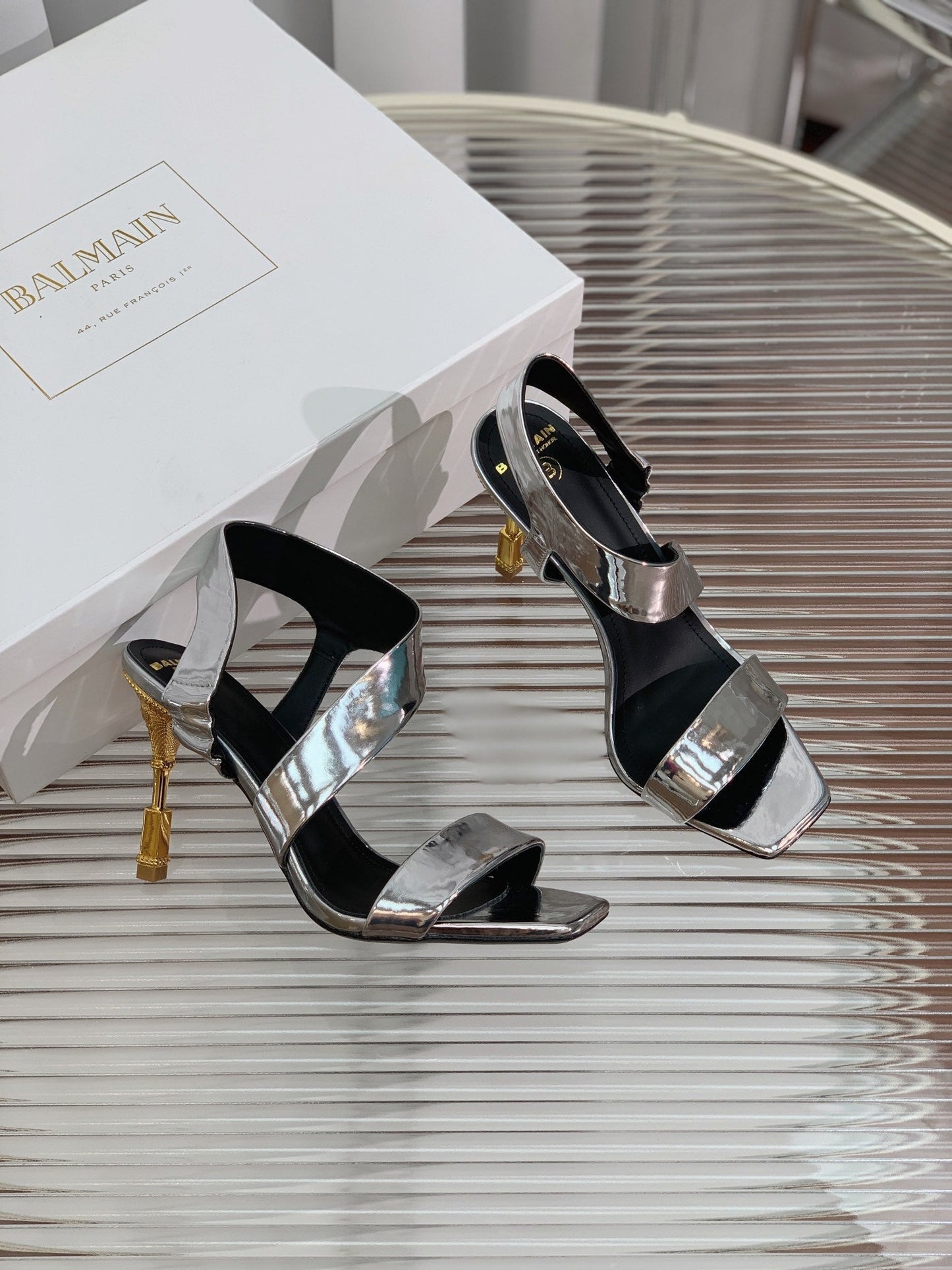 BALMAIN 25S HIGH HEEL SANDALS 95MM IN SILVER GLOSSY CALFSKIN - 35