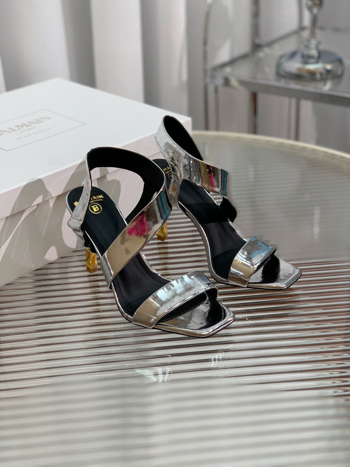 BALMAIN 25S HIGH HEEL SANDALS 95MM IN SILVER GLOSSY CALFSKIN - 35
