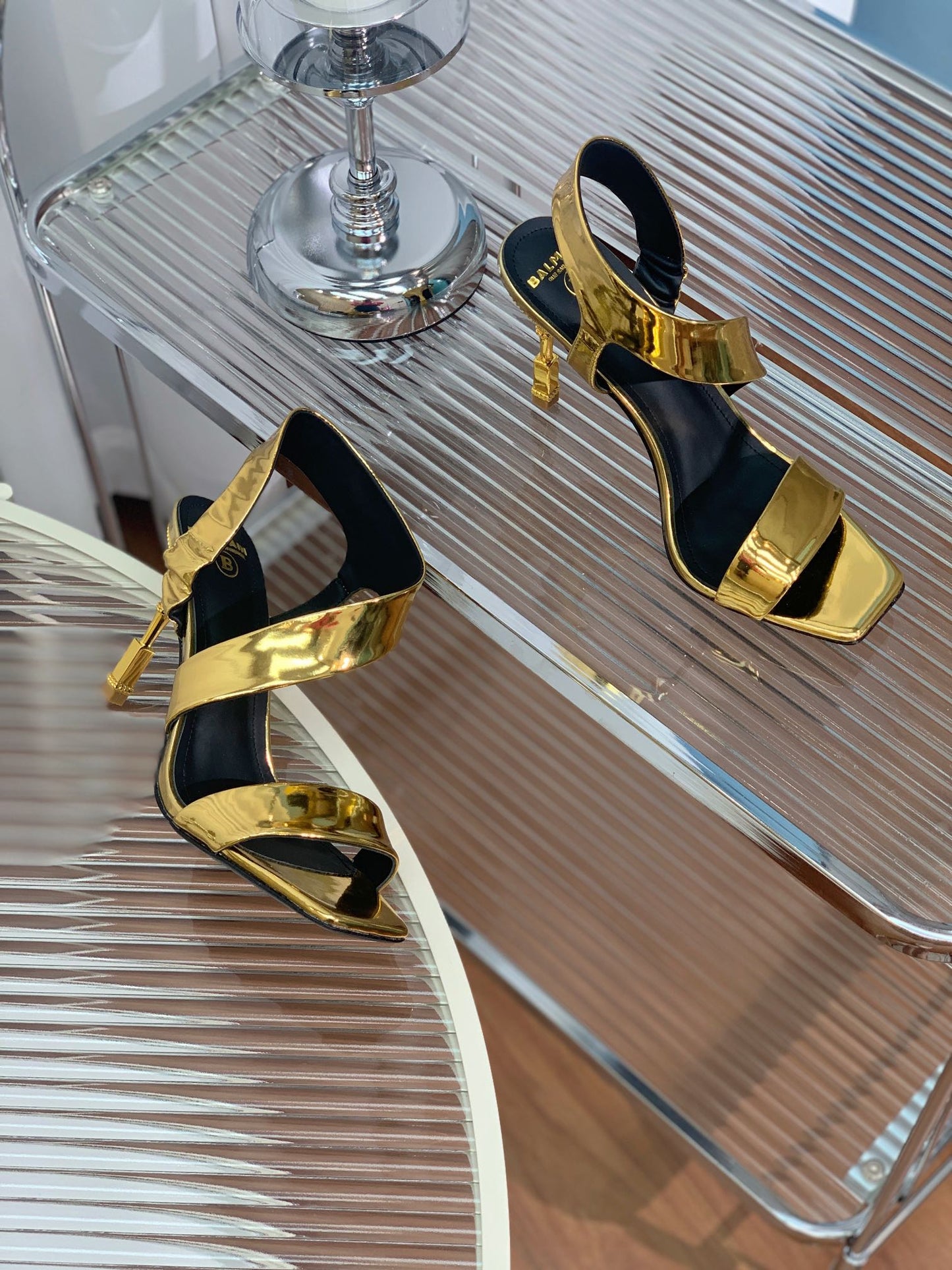 BALMAIN 25S HIGH HEEL SANDALS 95MM IN GOLD GLOSSY CALFSKIN - 35