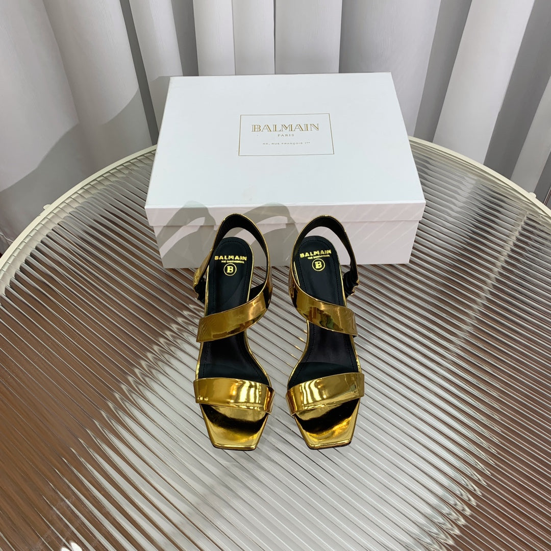 BALMAIN 25S HIGH HEEL SANDALS 95MM IN GOLD GLOSSY CALFSKIN - 35
