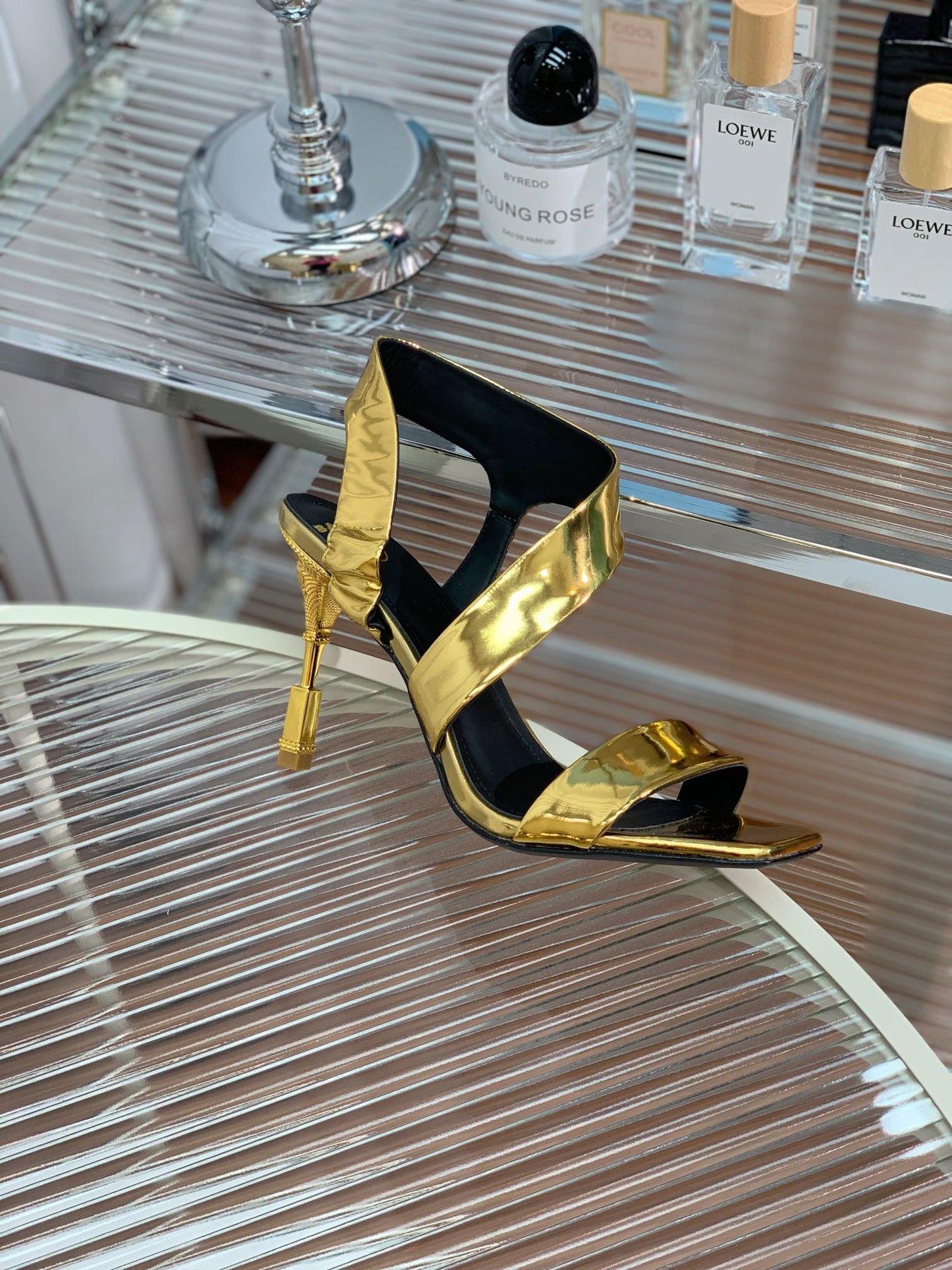 BALMAIN 25S HIGH HEEL SANDALS 95MM IN GOLD GLOSSY CALFSKIN - 35