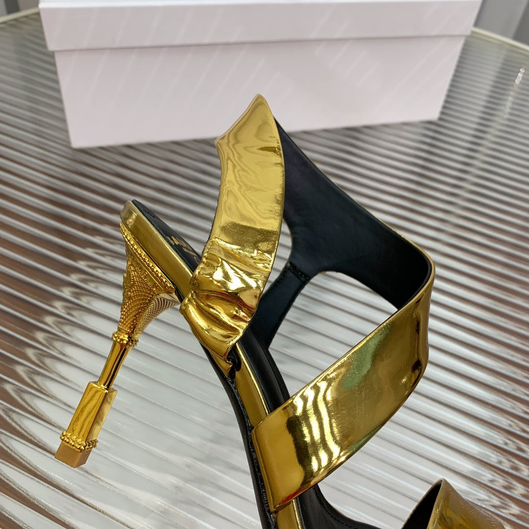 BALMAIN 25S HIGH HEEL SANDALS 95MM IN GOLD GLOSSY CALFSKIN - 35