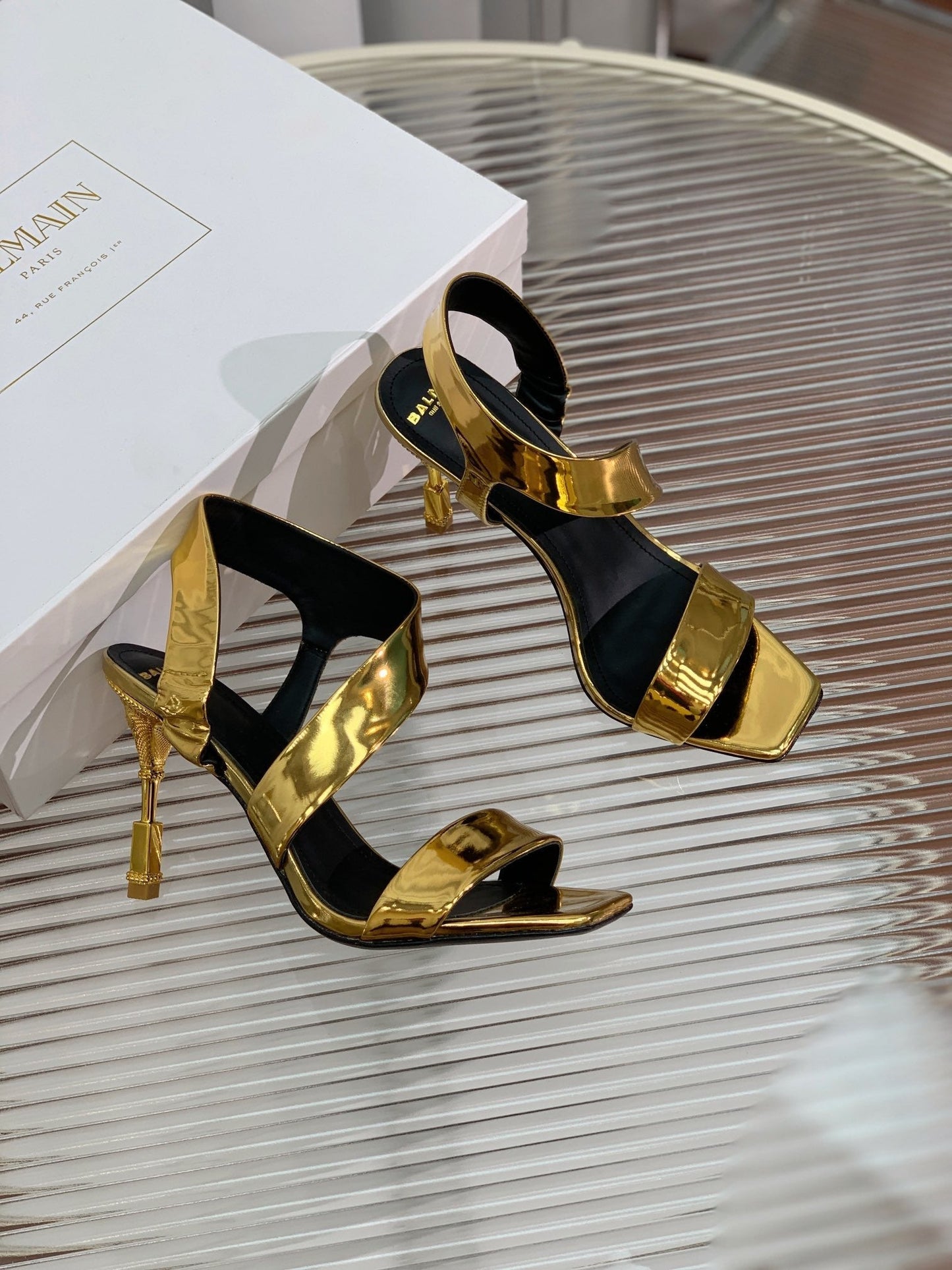 BALMAIN 25S HIGH HEEL SANDALS 95MM IN GOLD GLOSSY CALFSKIN - 35