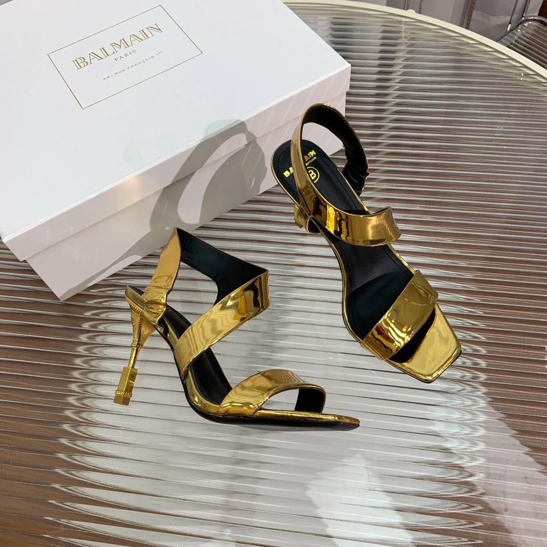 BALMAIN 25S HIGH HEEL SANDALS 95MM IN GOLD GLOSSY CALFSKIN - 35
