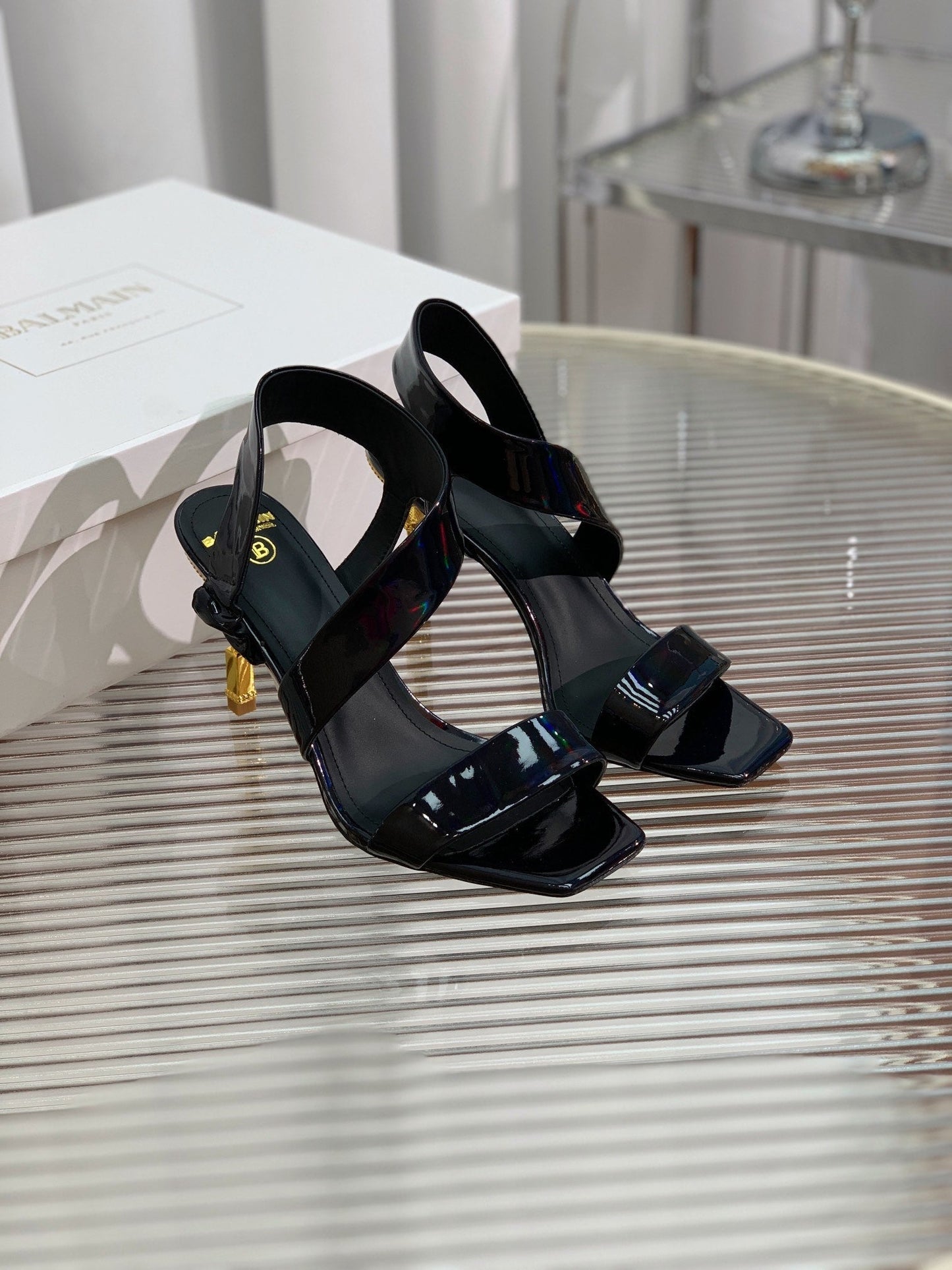 BALMAIN 25S HIGH HEEL SANDALS 95MM IN BLACK GLOSSY CALFSKIN - 35