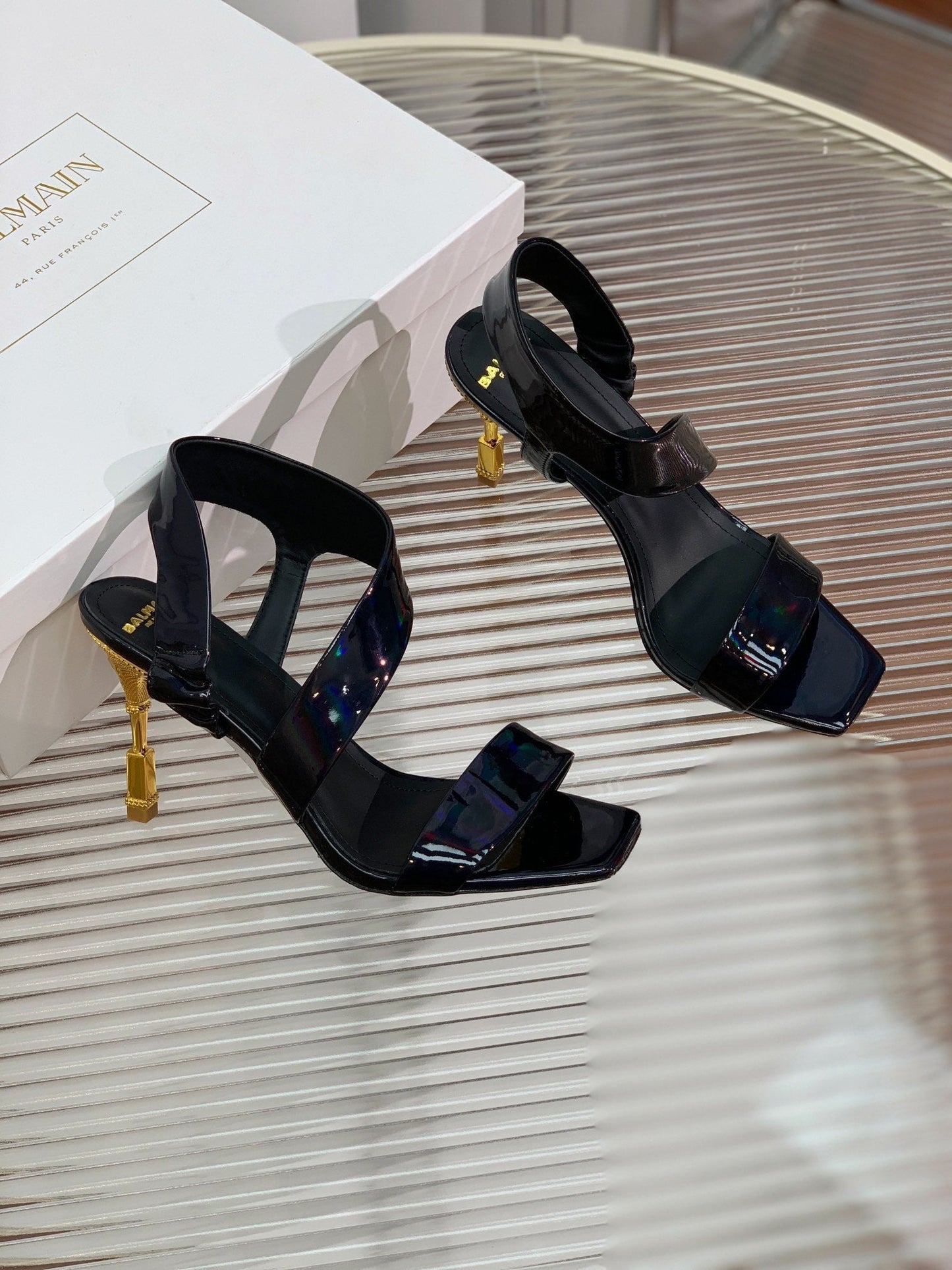 BALMAIN 25S HIGH HEEL SANDALS 95MM IN BLACK GLOSSY CALFSKIN - 35