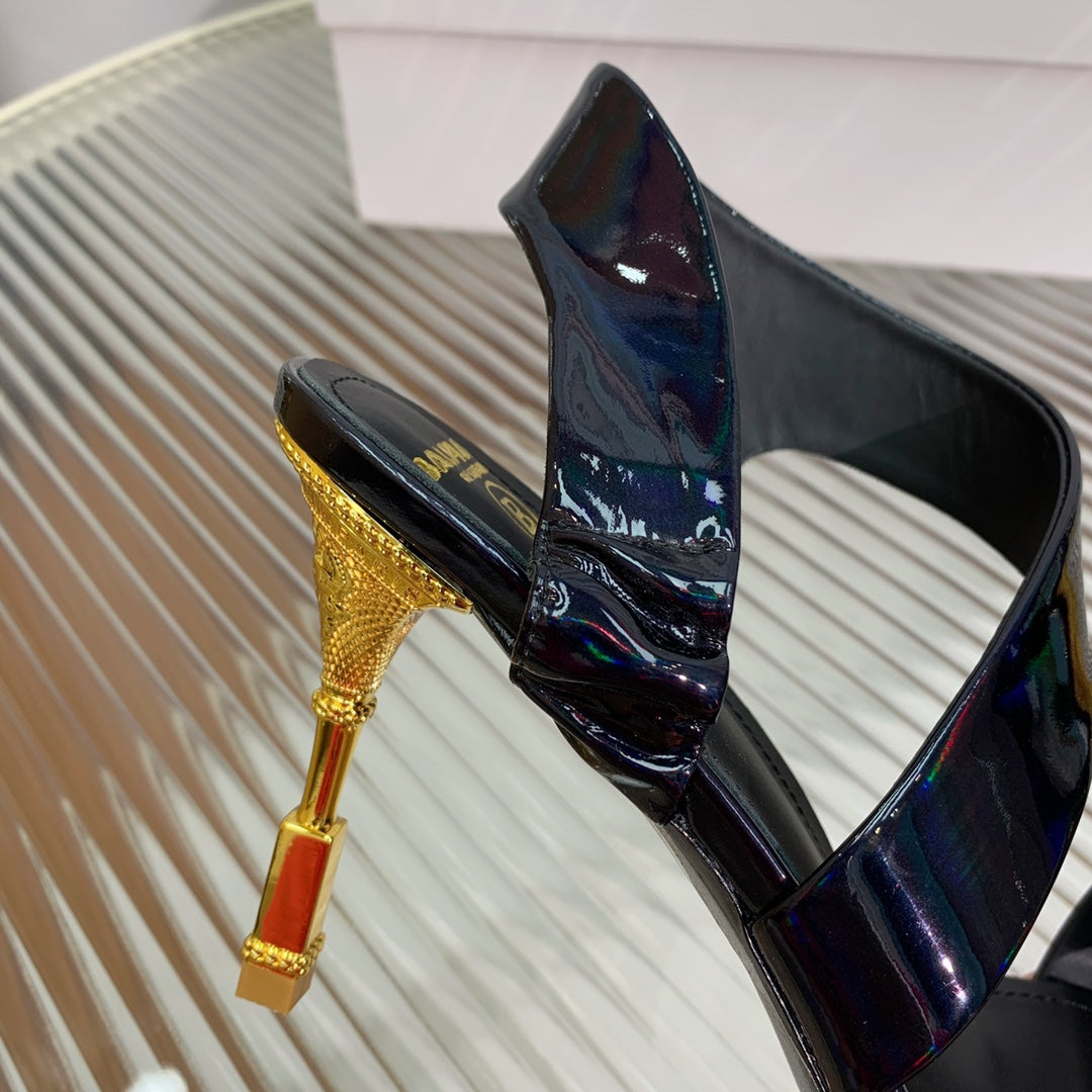 BALMAIN 25S HIGH HEEL SANDALS 95MM IN BLACK GLOSSY CALFSKIN - 35