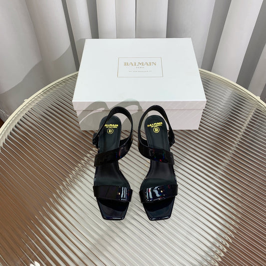 BALMAIN 25S HIGH HEEL SANDALS 95MM IN BLACK GLOSSY CALFSKIN - 35