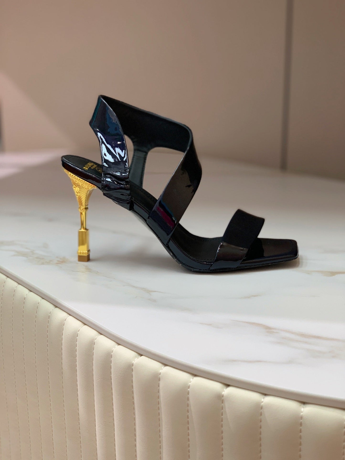 BALMAIN 25S HIGH HEEL SANDALS 95MM IN BLACK GLOSSY CALFSKIN - 35