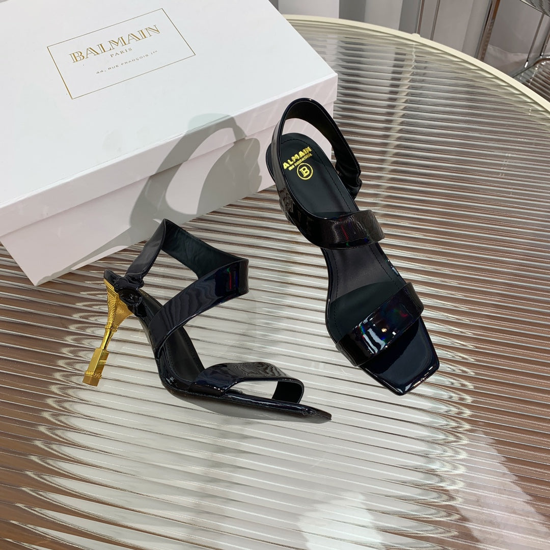 BALMAIN 25S HIGH HEEL SANDALS 95MM IN BLACK GLOSSY CALFSKIN - 35