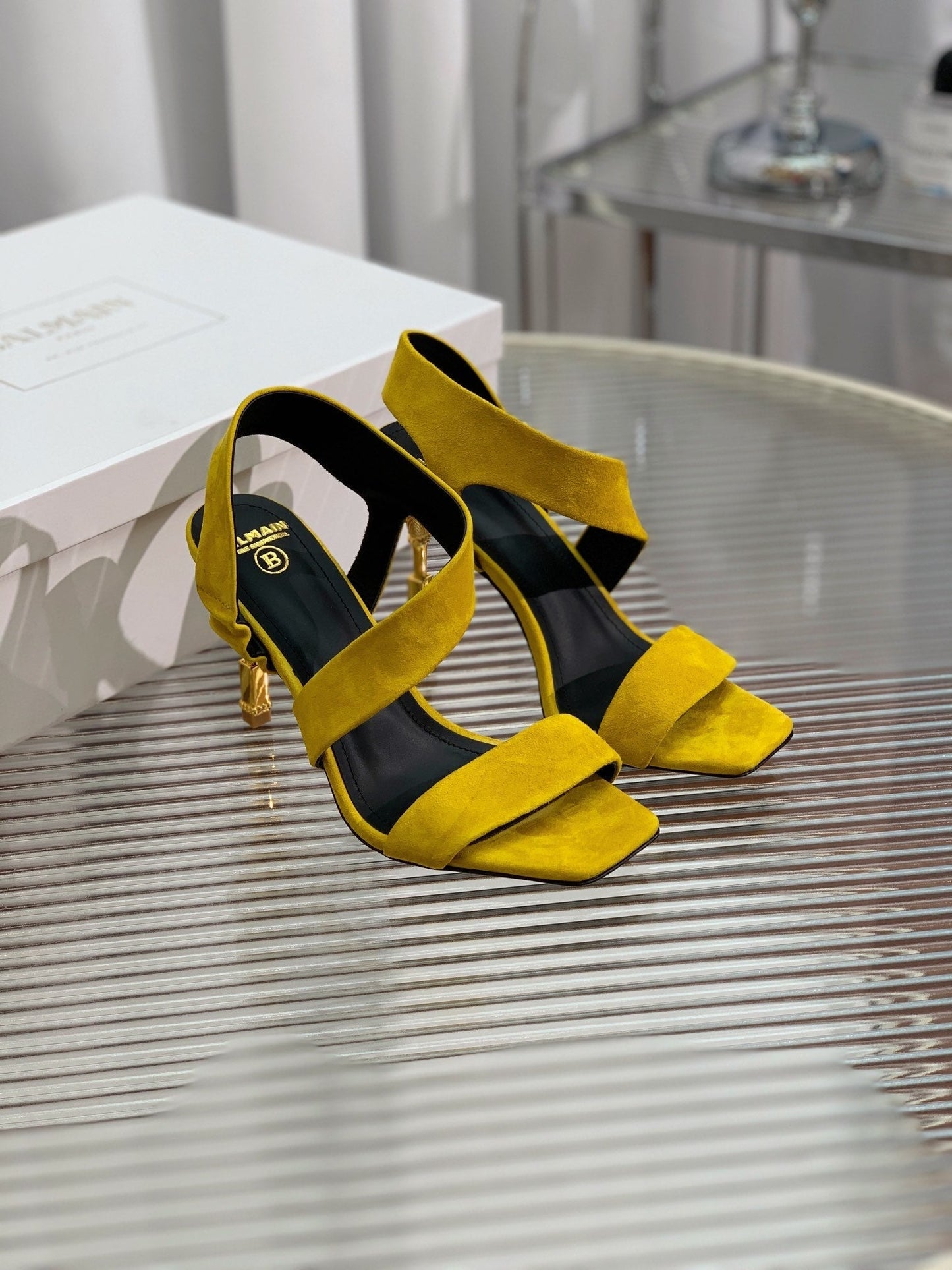 BALMAIN 25S HIGH HEEL SANDALS 95MM IN GOLDEN YELLOW SUEDE - 35