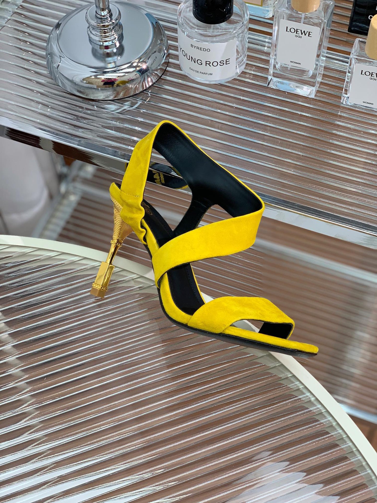 BALMAIN 25S HIGH HEEL SANDALS 95MM IN GOLDEN YELLOW SUEDE - 35