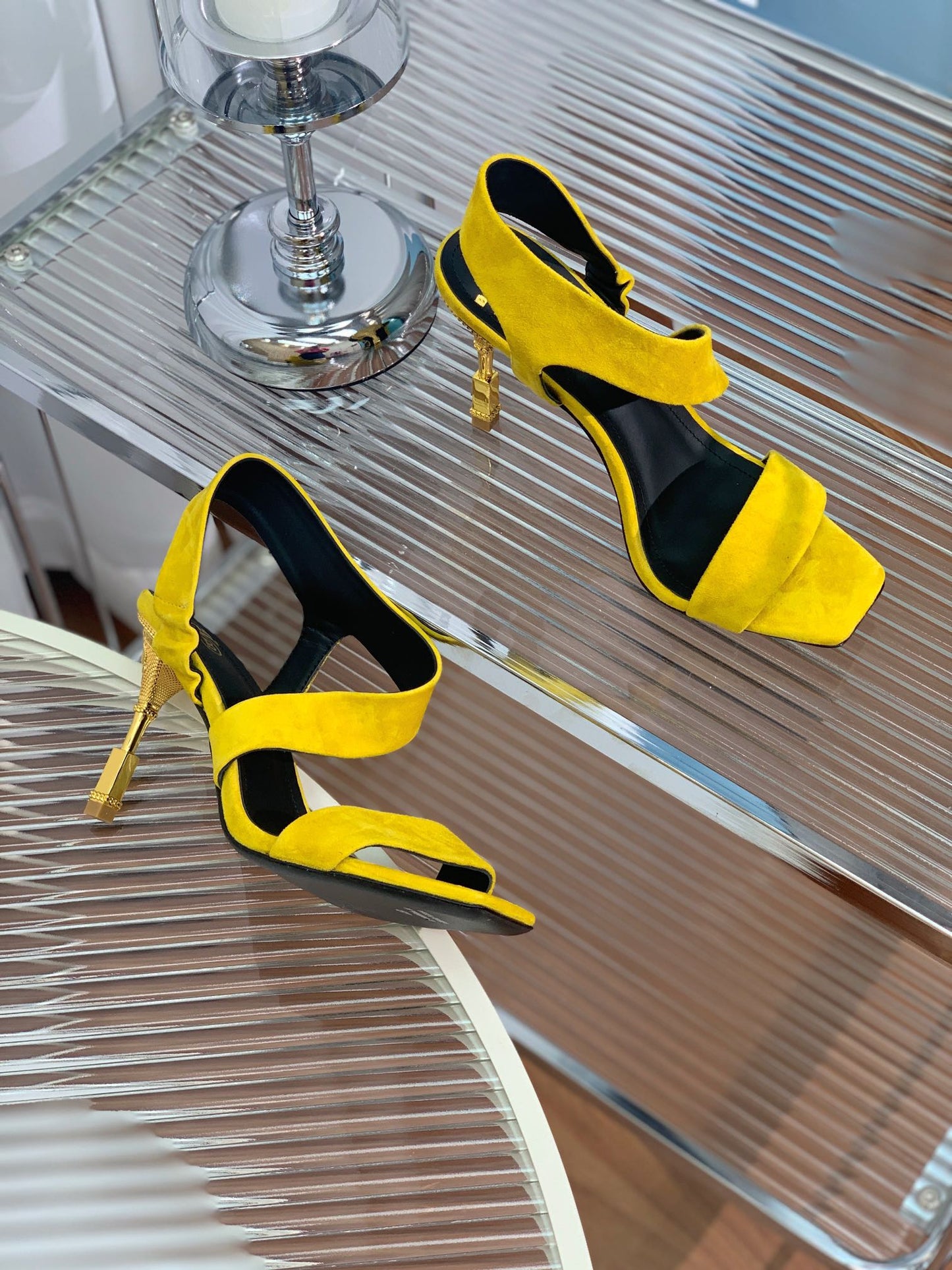BALMAIN 25S HIGH HEEL SANDALS 95MM IN GOLDEN YELLOW SUEDE - 35