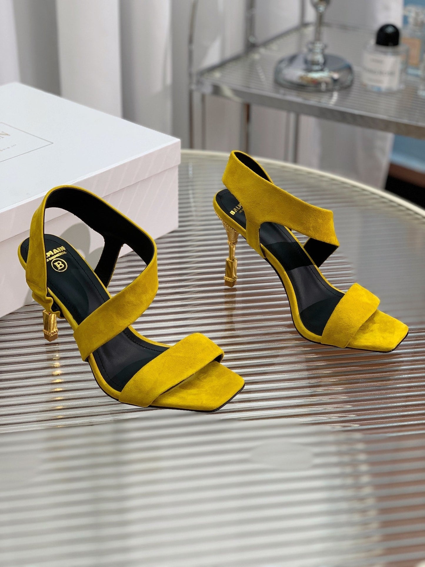 BALMAIN 25S HIGH HEEL SANDALS 95MM IN GOLDEN YELLOW SUEDE - 35