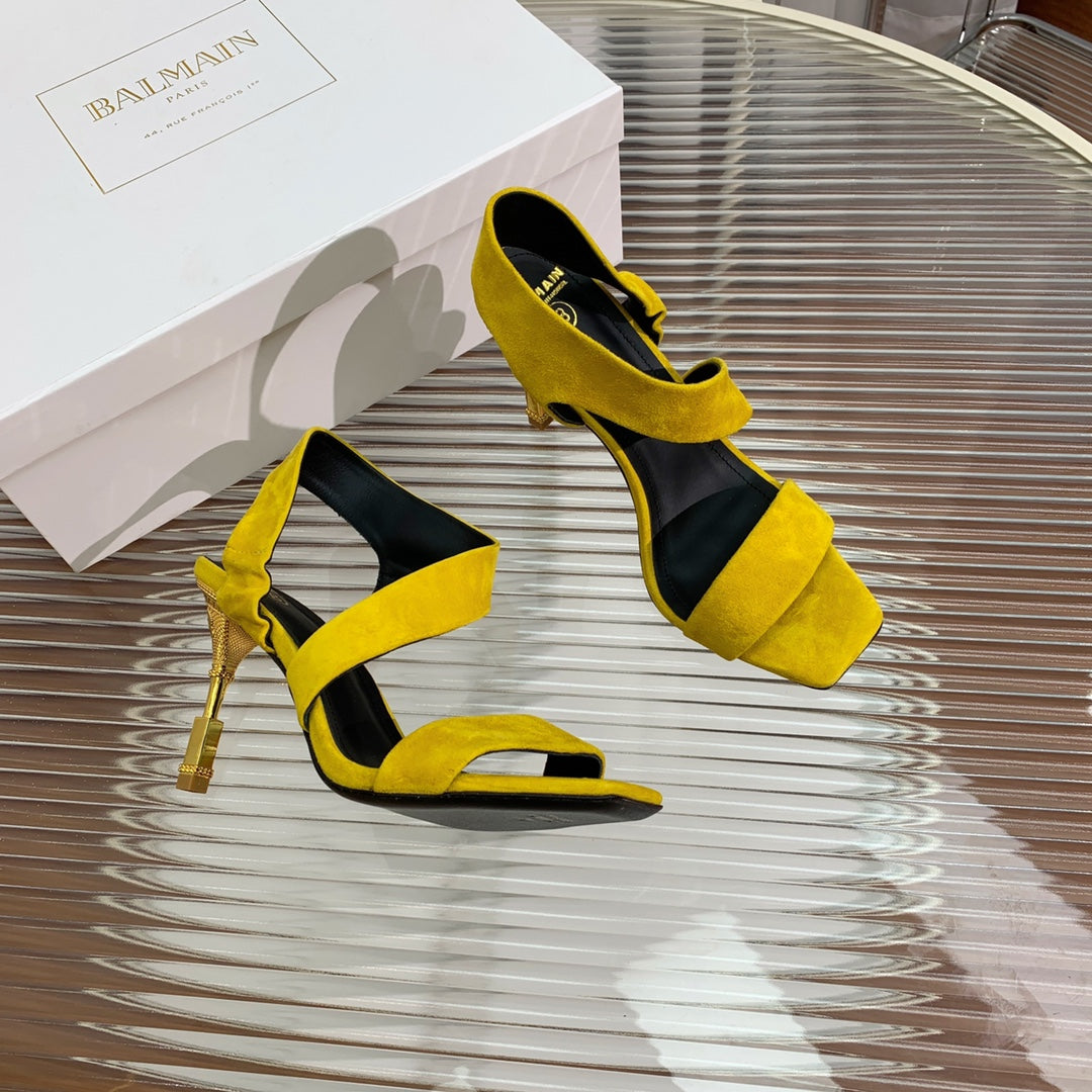BALMAIN 25S HIGH HEEL SANDALS 95MM IN GOLDEN YELLOW SUEDE - 35