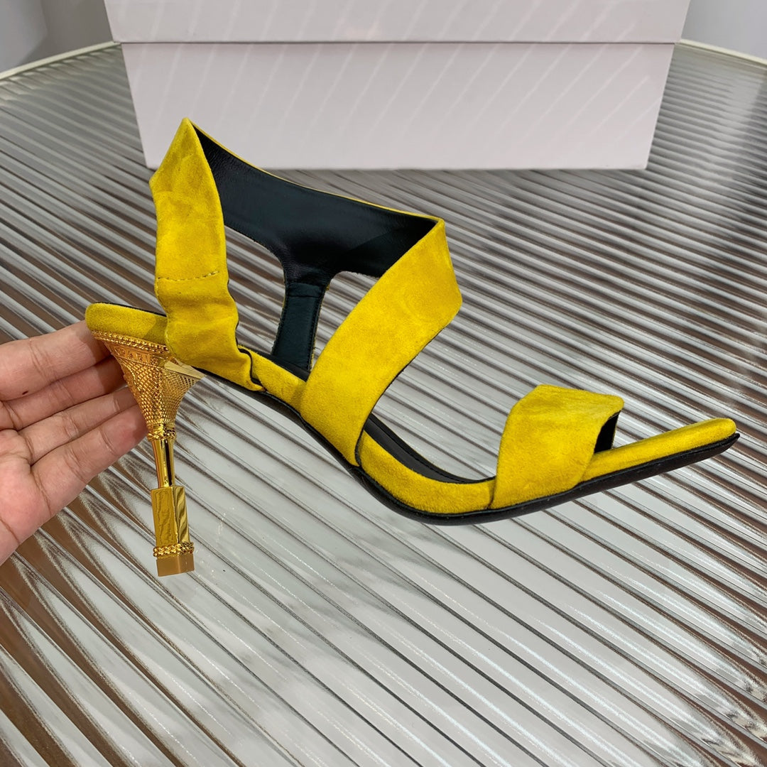 BALMAIN 25S HIGH HEEL SANDALS 95MM IN GOLDEN YELLOW SUEDE - 35