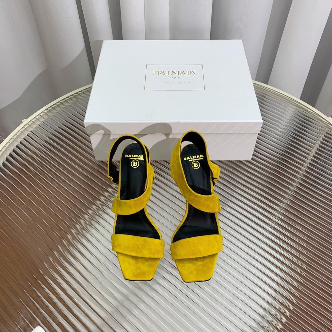 BALMAIN 25S HIGH HEEL SANDALS 95MM IN GOLDEN YELLOW SUEDE - 35