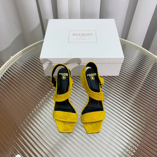 BALMAIN 25S HIGH HEEL SANDALS 95MM IN GOLDEN YELLOW SUEDE - 35