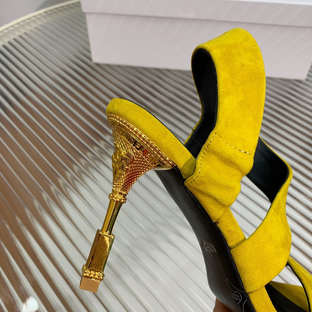 BALMAIN 25S HIGH HEEL SANDALS 95MM IN GOLDEN YELLOW SUEDE - 35