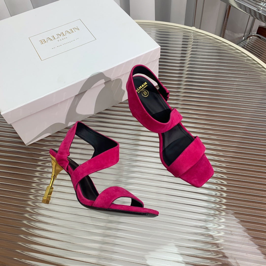 BALMAIN 25S HIGH HEEL SANDALS 95MM IN FUCHSIA SUEDE - 35
