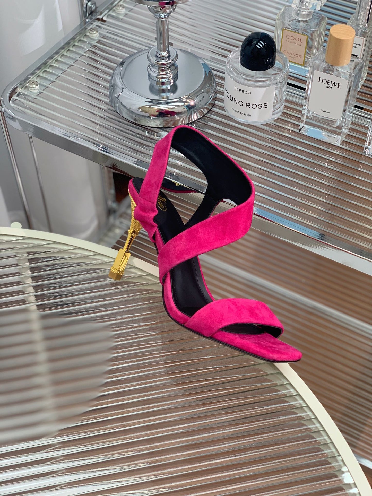BALMAIN 25S HIGH HEEL SANDALS 95MM IN FUCHSIA SUEDE - 35