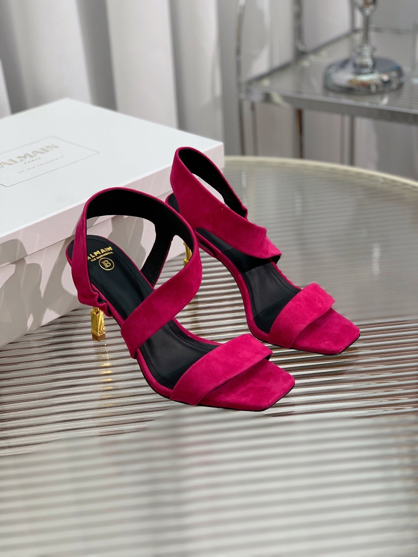 BALMAIN 25S HIGH HEEL SANDALS 95MM IN FUCHSIA SUEDE - 35