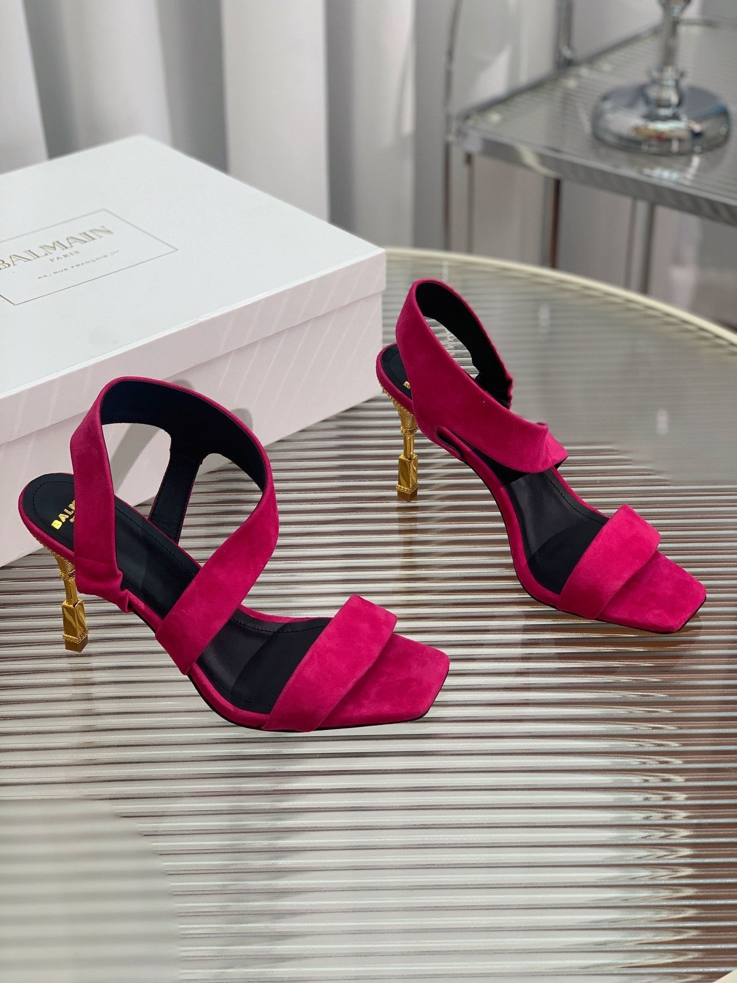 BALMAIN 25S HIGH HEEL SANDALS 95MM IN FUCHSIA SUEDE - 35