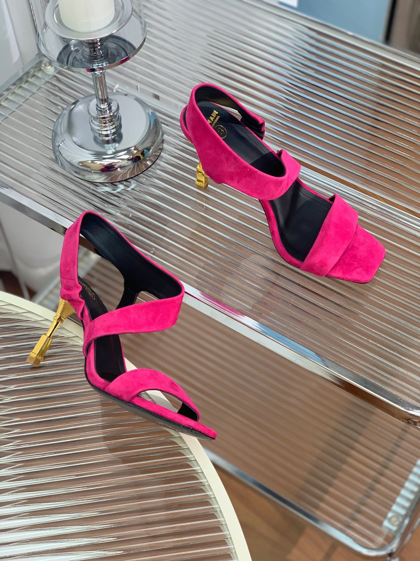 BALMAIN 25S HIGH HEEL SANDALS 95MM IN FUCHSIA SUEDE - 35
