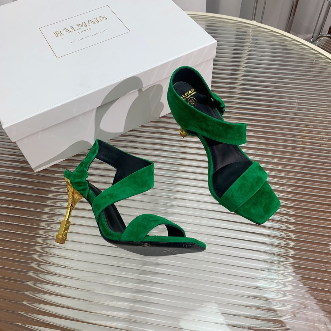 BALMAIN 25S HIGH HEEL SANDALS 95MM IN DARK GREEN SUEDE - 35