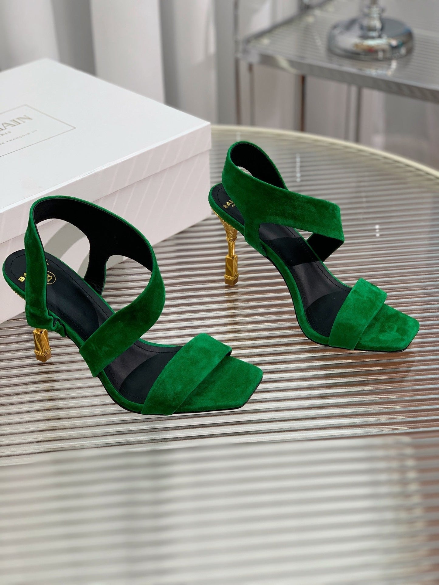 BALMAIN 25S HIGH HEEL SANDALS 95MM IN DARK GREEN SUEDE - 35